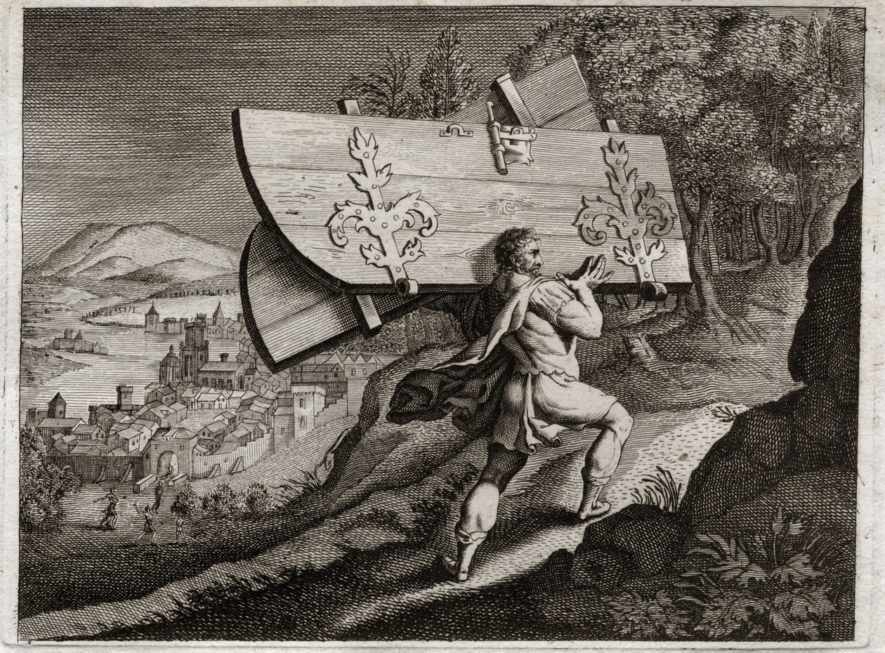 Bible de Royaumont, Ancien Testament : Portes de Gaza. Samson, enfermé à Gaza, arrache les portes de la ville. Illustration de 1811. - Unknown artist