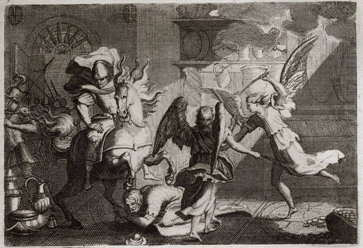 Bible de Royaumont, Ancien Testament : Héliodore chassé du temple. Héliodore (Héliodoros) envoyé par son souverain pour piller le Temple de Jérusalem, fut battu avec des verges par des anges. Illustration de 1811. - Unknown artist