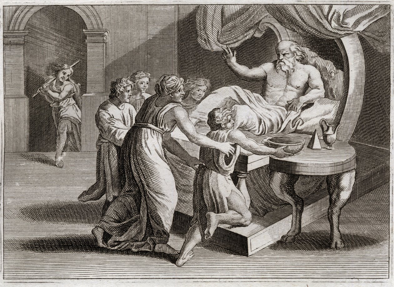 Bible de Royaumont, Ancien Testament : Isaac bénit Jacob. Isaac, désirant bénir Ésaü, donne sa bénédiction à Jacob grâce à la sagesse de Rébecca, selon le plan de Dieu. Illustration de 1811. - Unknown artist