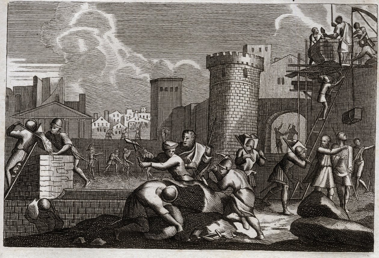 Bible de Royaumont, Ancien Testament : Jérusalem rebâtie. Le roi Artaxerxès Ier envoie Néhémie à Jérusalem avec la permission de rebâtir tous ses murs. Illustration de 1811. - Unknown artist
