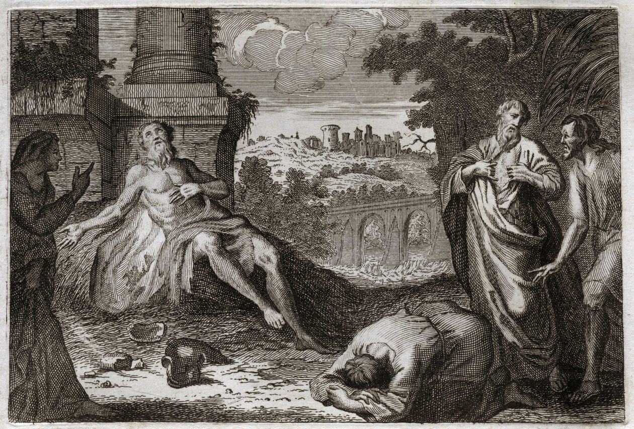 Bible de Royaumont, Ancien Testament : Job sur le fumier. Le saint homme Job est tenté par le démon qui lui enlève tous ses biens et tous ses enfants, le frappe d