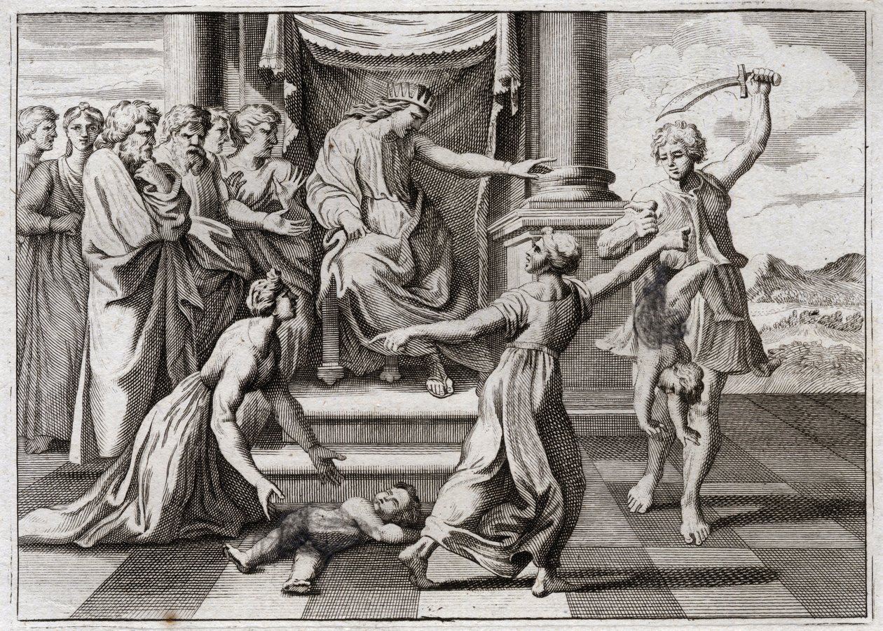 Bible de Royaumont, Ancien Testament : Jugement de Salomon. Le célèbre jugement de Salomon entre deux femmes pour reconnaître laquelle des deux était la mère d