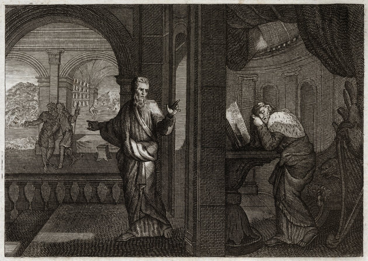 Bible de Royaumont, Ancien Testament : Pénitence de David. Dieu envoie son prophète Nathan à David pour représenter sa faute. Le regret de ce saint roi le fait accepter tous les maux que le prophète lui a prédits. Illustration de 1811. - Unknown artist