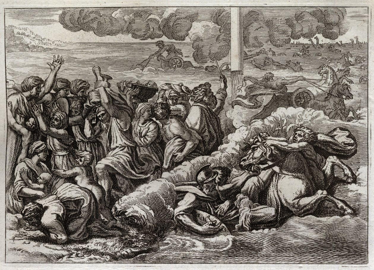 Bible de Royaumont, Ancien Testament : Pharaon submergé dans la mer Rouge. Illustration de 1811. - Unknown artist