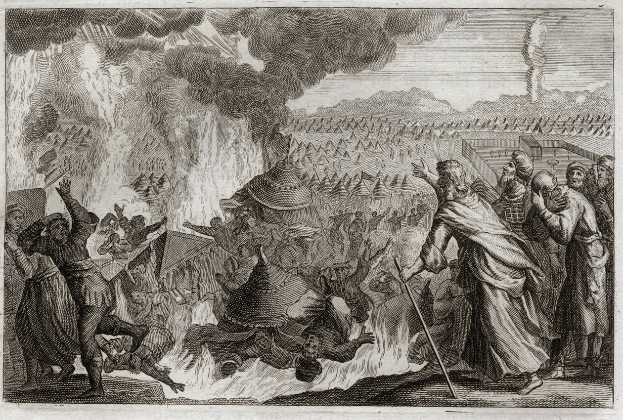 Bible de Royaumont, Ancien Testament : Châtiment du Feu Céleste. Coré (Kore), Dathan (Datan, Nathan) et Abiron (Abiram) murmurant contre Moïse, et affectant la prêtrise, sont tous détruits vivants, et la terre s