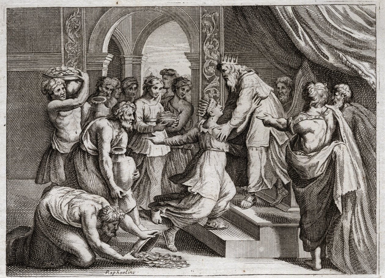 Bible de Royaumont, Ancien Testament : Reine de Saba. La Reine de Saba vient voir Salomon pour écouter sa sagesse et lui offrir des présents. Illustration de 1811. - Unknown artist