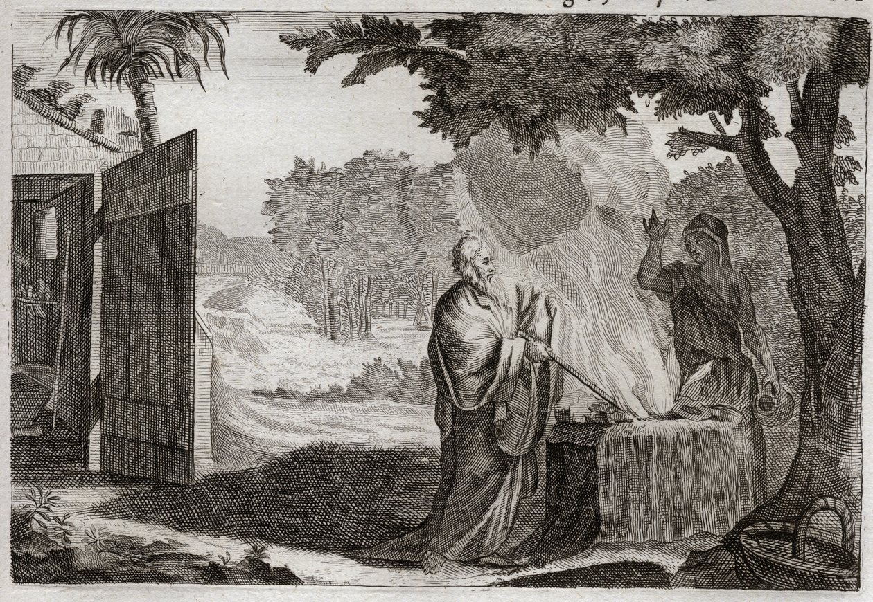 Bible de Royaumont, Ancien Testament : Sacrifice de Gédéon. Gédéon (Gideon) est appelé par Dieu à délivrer les Juifs de leurs ennemis. Il offre un sacrifice sur une pierre, d
