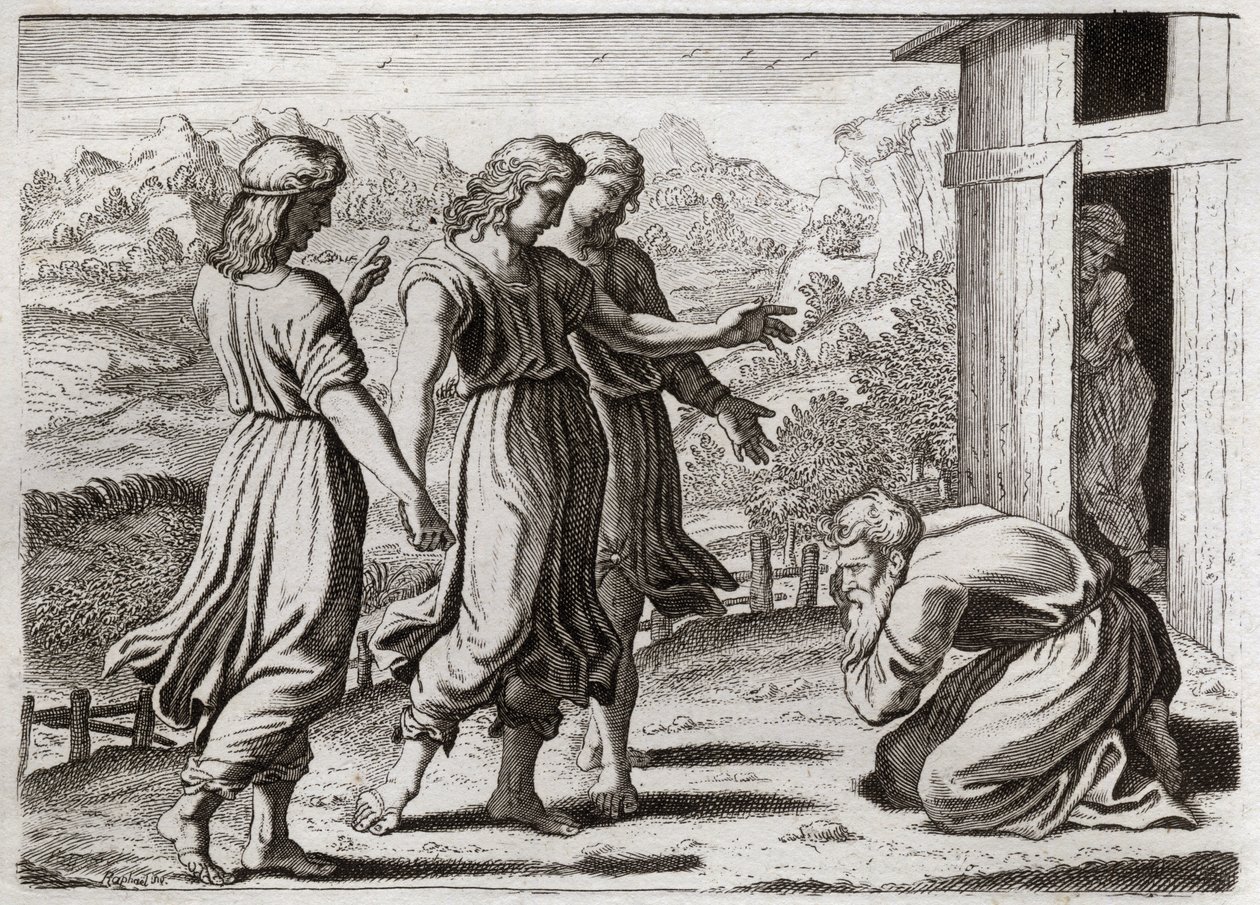 Bible de Royaumont, Ancien Testament : Sara concoit Isaac. Abraham reçoit trois anges qui promettent à Sara qu