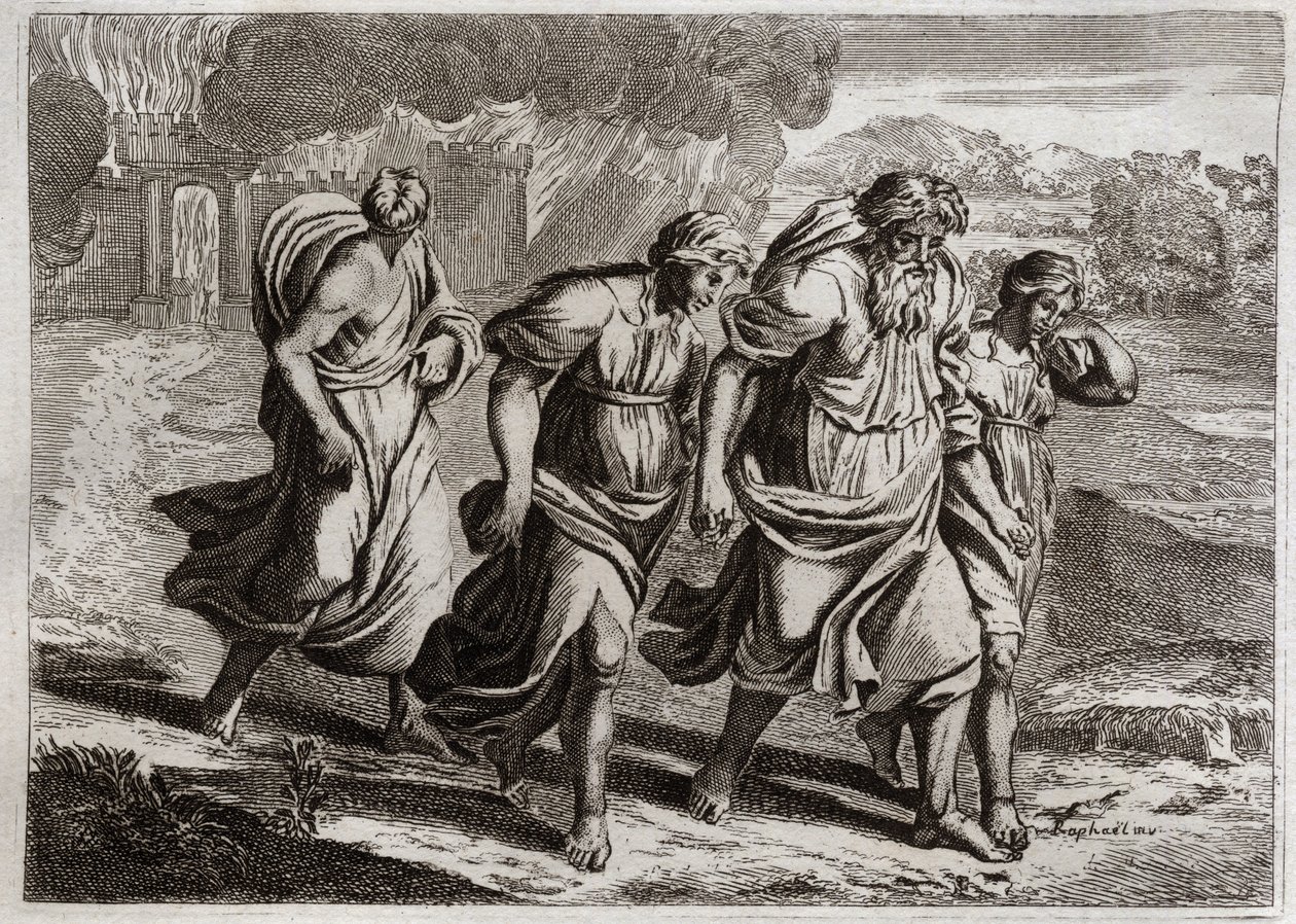 Bible de Royaumont, Ancien Testament : Sodome brûlée. Dieu, irrité par les crimes abominables de Sodome, la brûle avec les autres villes voisines, avec une pluie de feu et de soufre qu