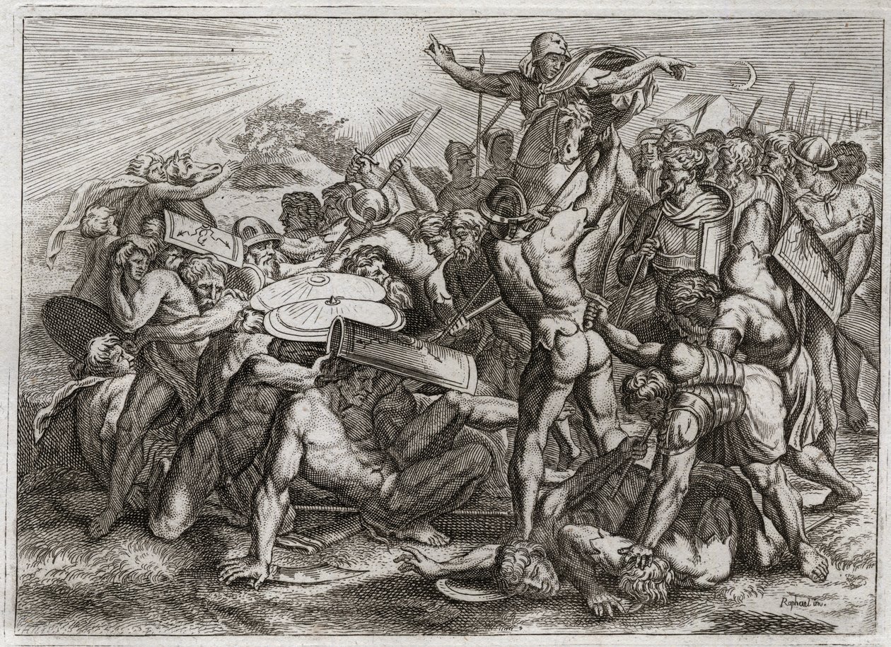 Bible de Royaumont, Ancien Testament : Arrêt du Soleil. Josué poursuivant ses ennemis amorites fait arrêter le Soleil pour avoir plus de temps pour les vaincre. Illustration de 1811. - Unknown artist