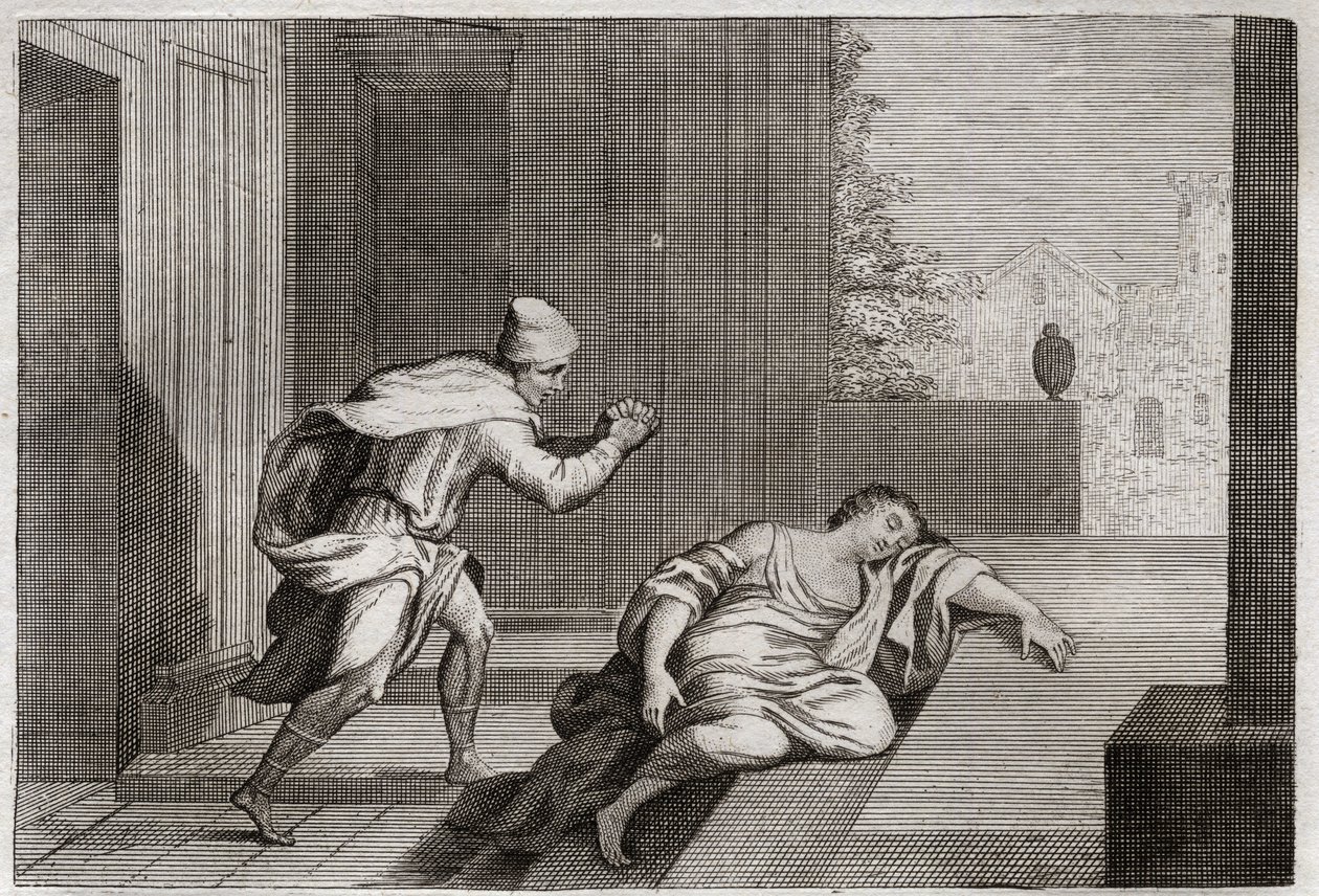 Bible de Royaumont, Ancien Testament : Femme du Lévite outragée. La femme du Lévite fut trouvée morte à la porte après avoir été abusée par des voyous. Illustration de 1811. - Unknown artist