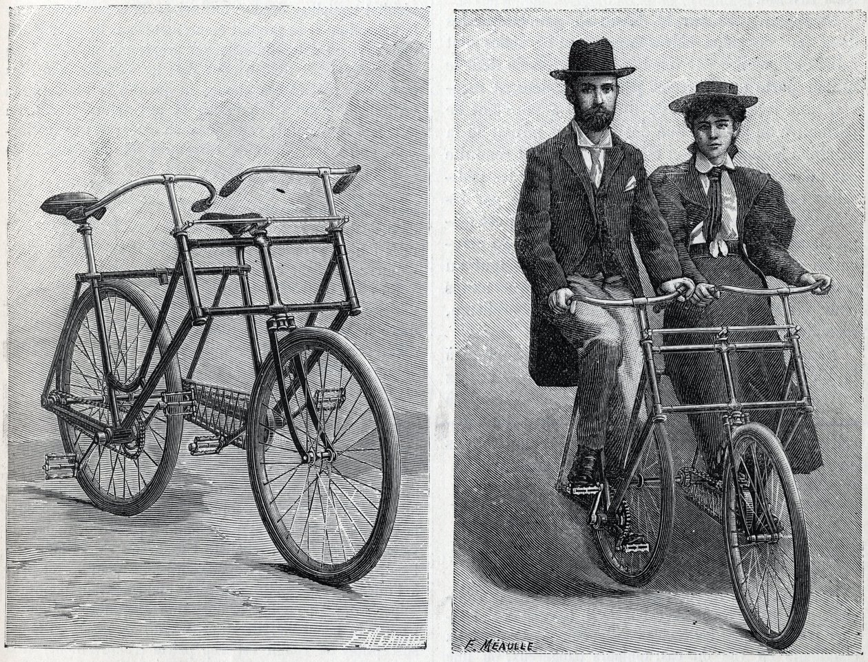 Bicyclette à deux sièges de la manufacture « Punnett Cycle » sans et avec cyclistes. Gravure dans « La Nature » - Unknown artist