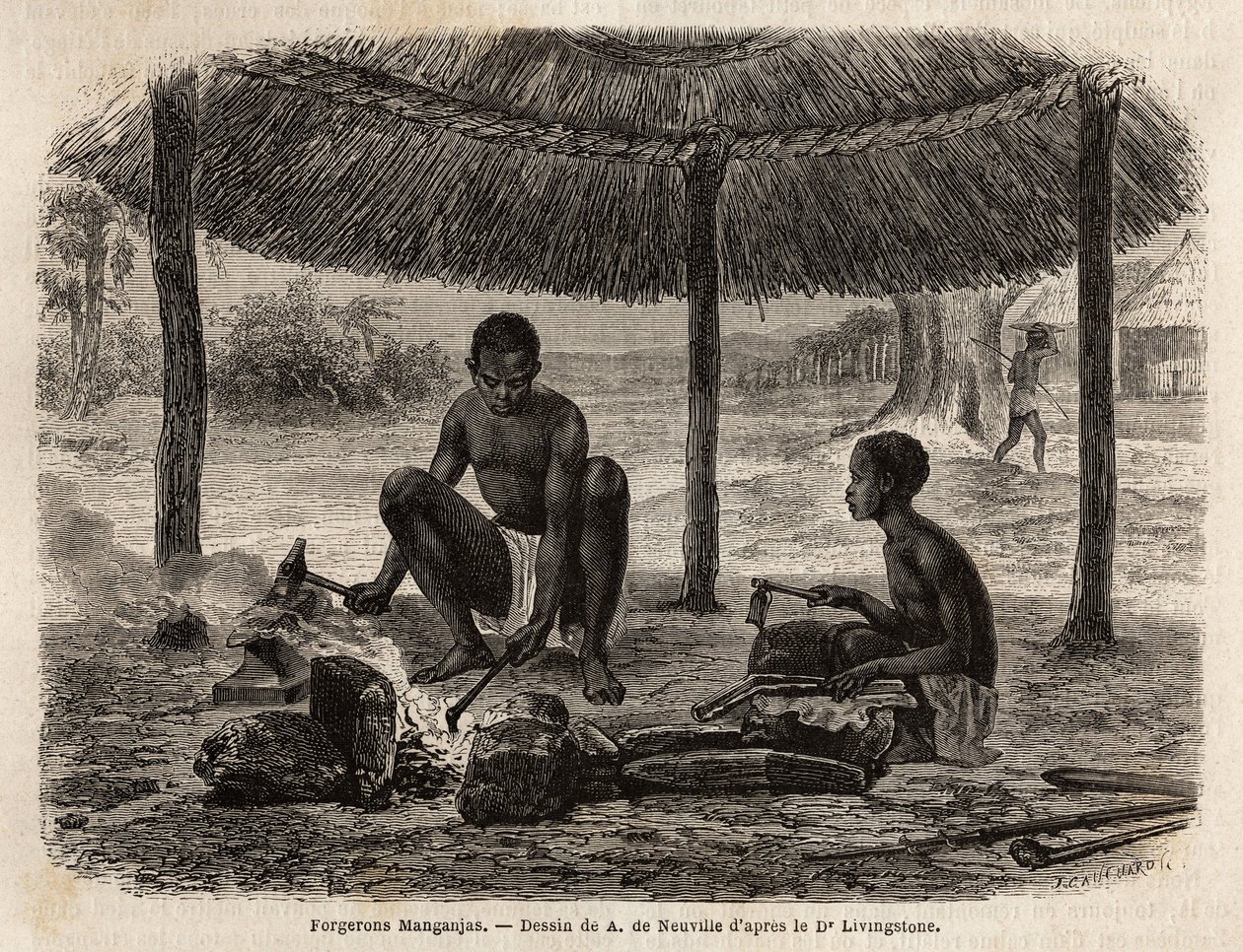 Forgerons manganjas (groupe ethnique de la région du Zambèze). Gravure pour illustrer les premiers voyages du Dr Livingstone en Afrique australe de 1840 à 1856, dans « Le tour du monde, nouveau journal des voyages » publié sous la direction d