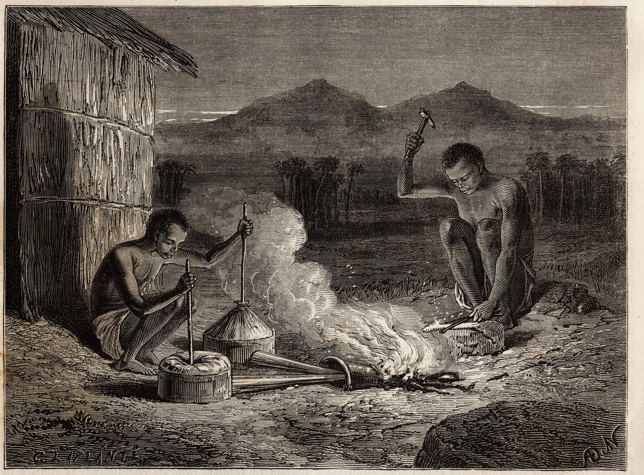 Forgerons à Simiango, sur les rives du fleuve Zambèze. Gravure pour illustrer les premiers voyages du Dr. Livingstone en Afrique australe de 1840 à 1856, dans « Le tour du monde, nouveau journal des voyages » publié sous la direction d