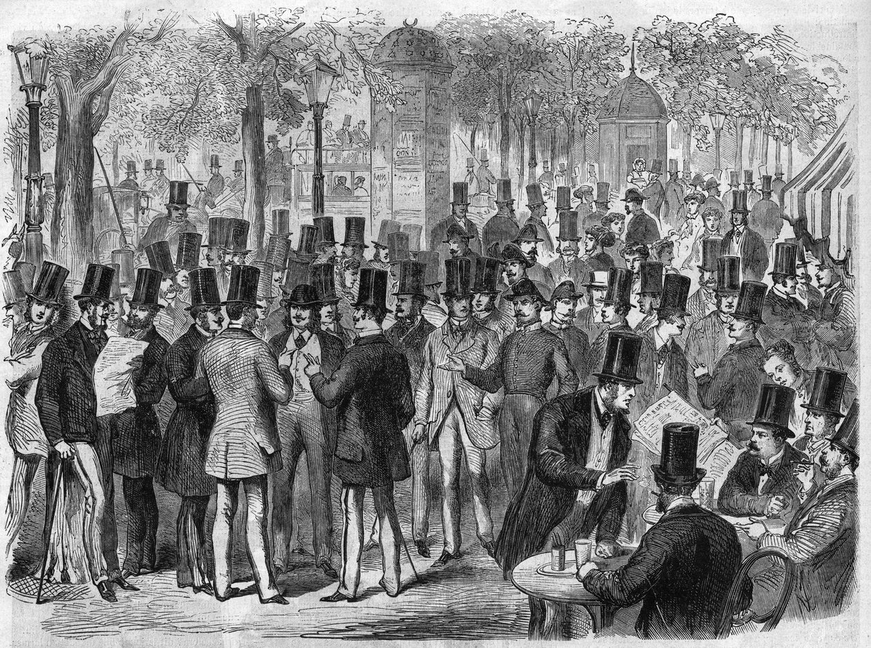 Courtiers près de la petite Bourse du boulevard des Italiens à Paris, France. Gravure dans "L