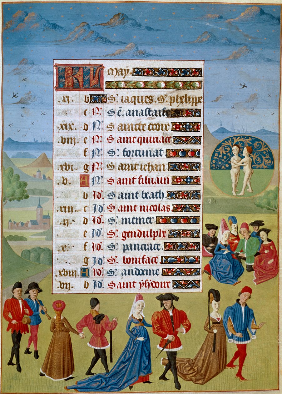 Calendrier : le mois de mai, danses et jeux - Miniature du Maître de Jean Rolin du manuscrit « Les Heures d