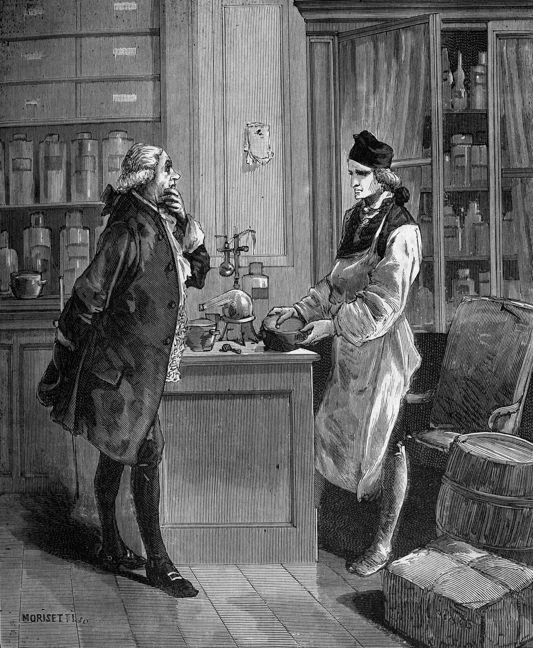 Carl William (Guillaume) Scheele (1742-1788), chimiste suédois dans son laboratoire avec Tobern Bergmann (1735-1784), chimiste. - Unknown artist