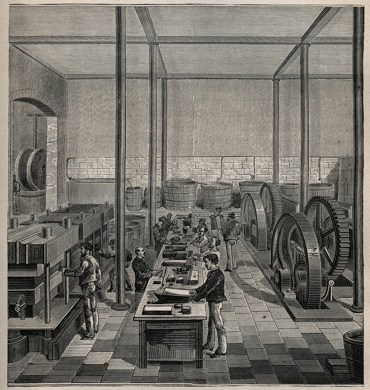 Celluloïd : fabrication de celluloïd. Gravure de 1885 dans « Les arts et métiers illustrés » par Adolphe Bitard - Unknown artist