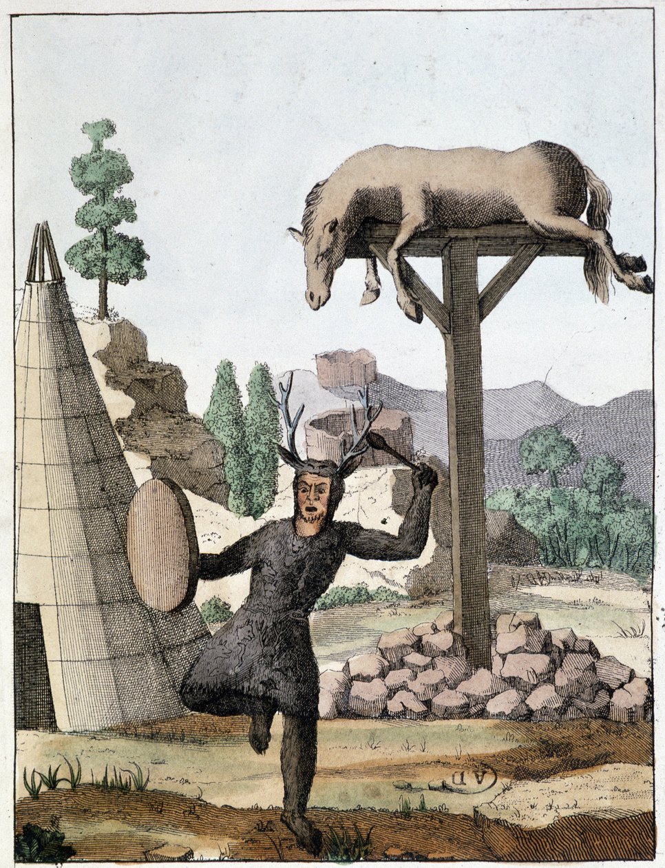 Chaman tongouse dansant devant une sépulture (Sibérie) - gravure, début 19ème siècle - Unknown artist