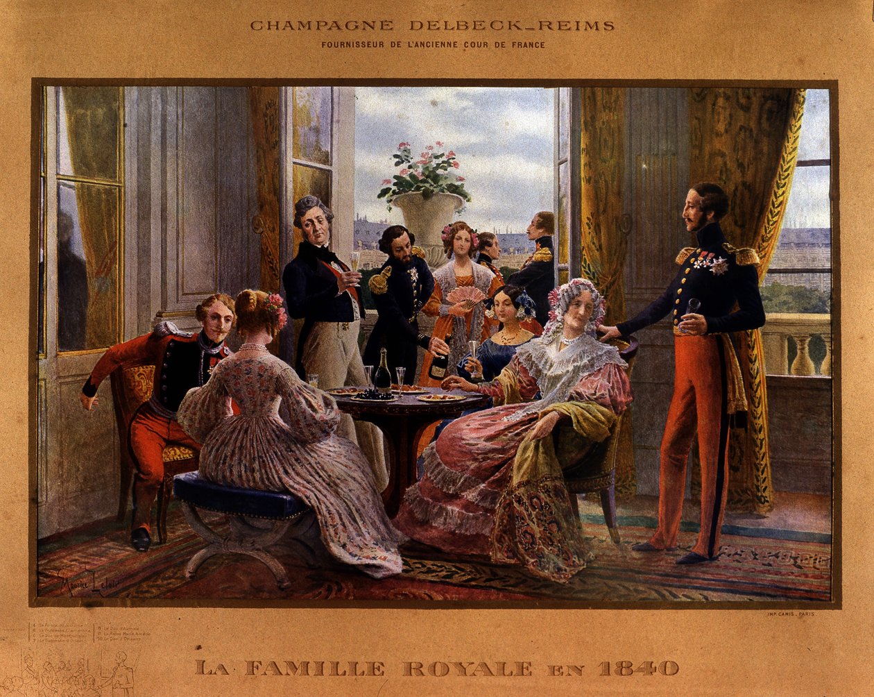 Champagne servi à la table royale en 1840 - Affiche publicitaire pour le champagne Delbeck «Fournisseur de l