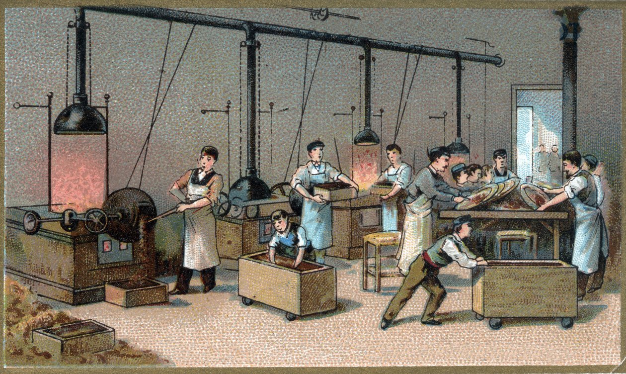 Fabrication du chocolat. Salle de torréfaction du cacao. Chromolithographie de la fin du 19e siècle. - Unknown artist