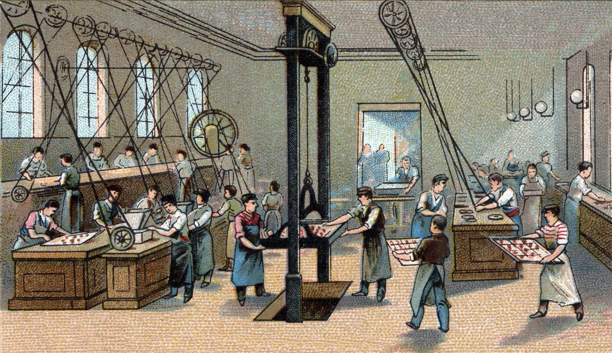 Fabrication du chocolat : moulage. Chromolithographie de la fin du 19e siècle. - Unknown artist