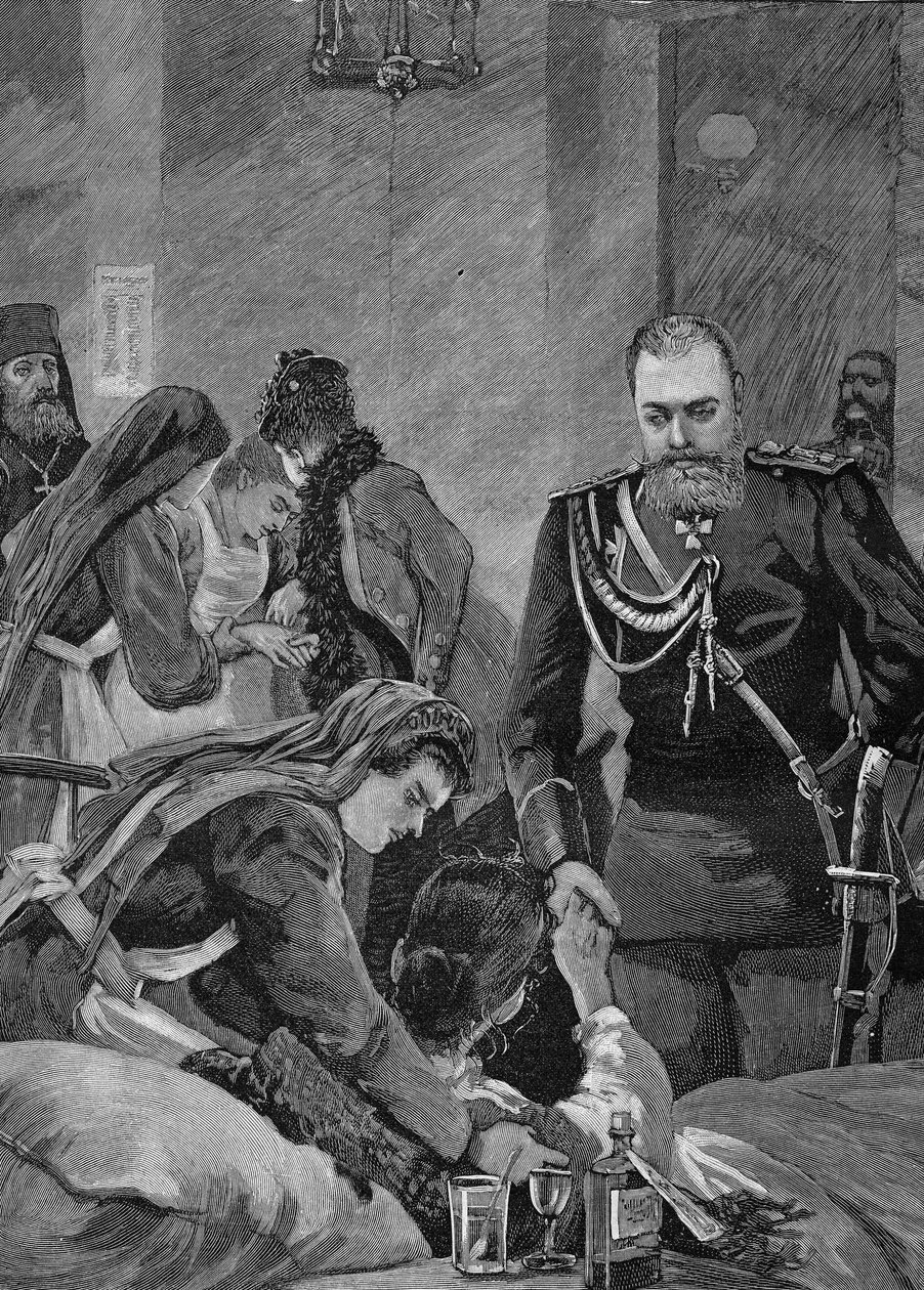 Choléra en Russie en 1892 : Alexandre III, empereur de Russie et son épouse Maria Feodorovna, impératrice de Russie visitent un hôpital. Gravure de 1892 - Unknown artist