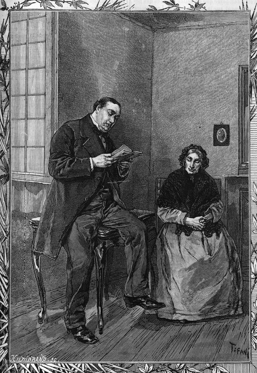 Le comédien Moessard lit à sa femme. Gravure dans le journal illustré « La jeunesse » - Unknown artist