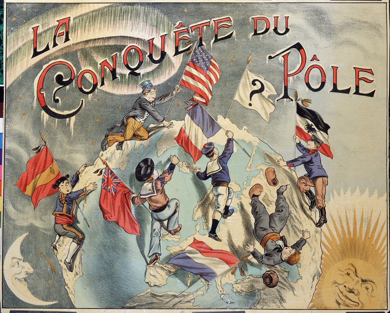 Conquête du Pôle : représentation de la rivalité entre différents pays pour la conquête du Pôle Nord. Représentants incluent l
