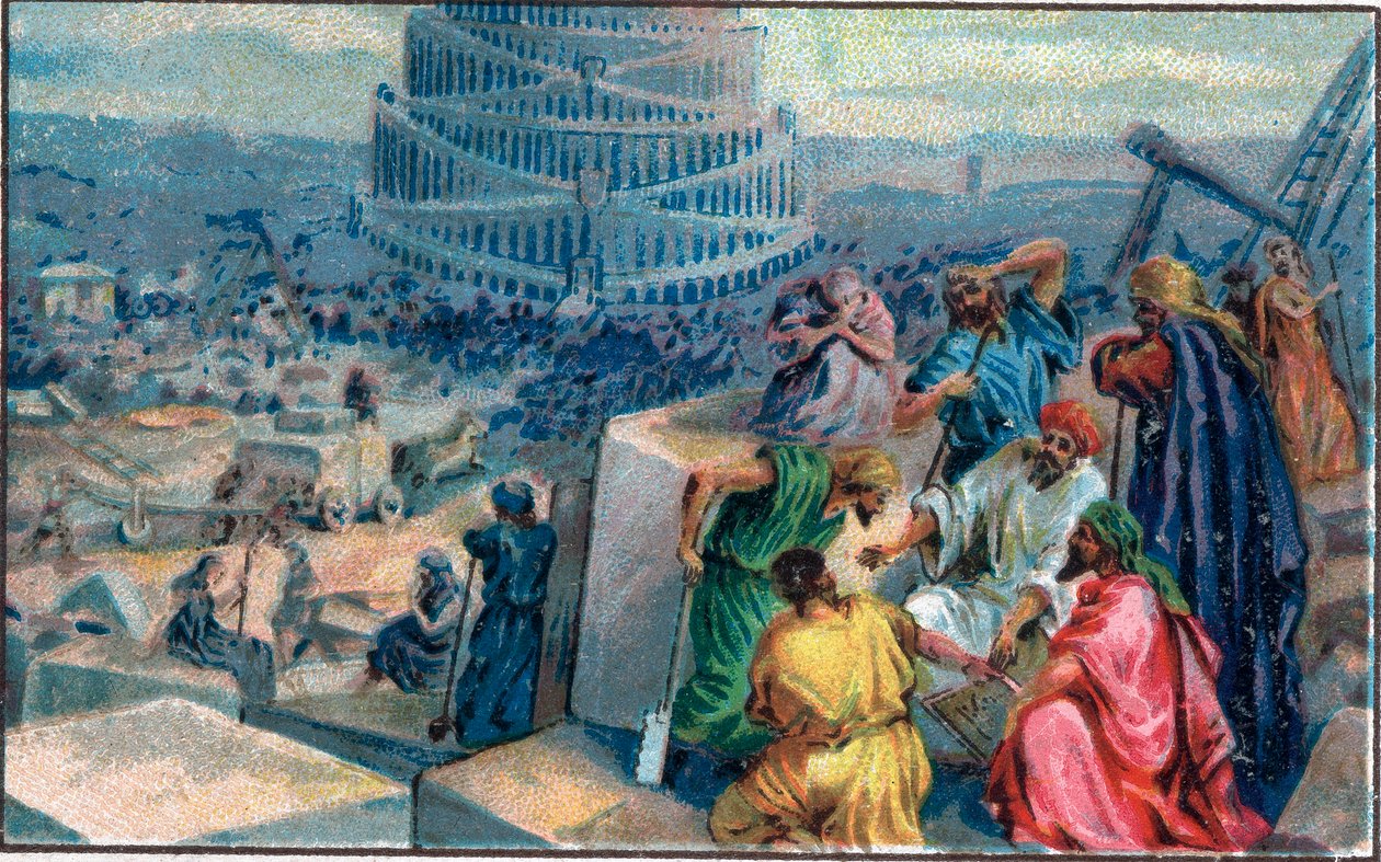 Construction de la tour de Babel. Chromolithographie de la fin du XIXe siècle. - Unknown artist