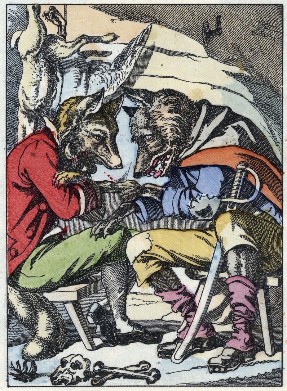 Conversation entre le loup et le renard. Illustration du conte « Compère le Loup, Maître Renard, Commère la Chèvre et ses petits biquets » d