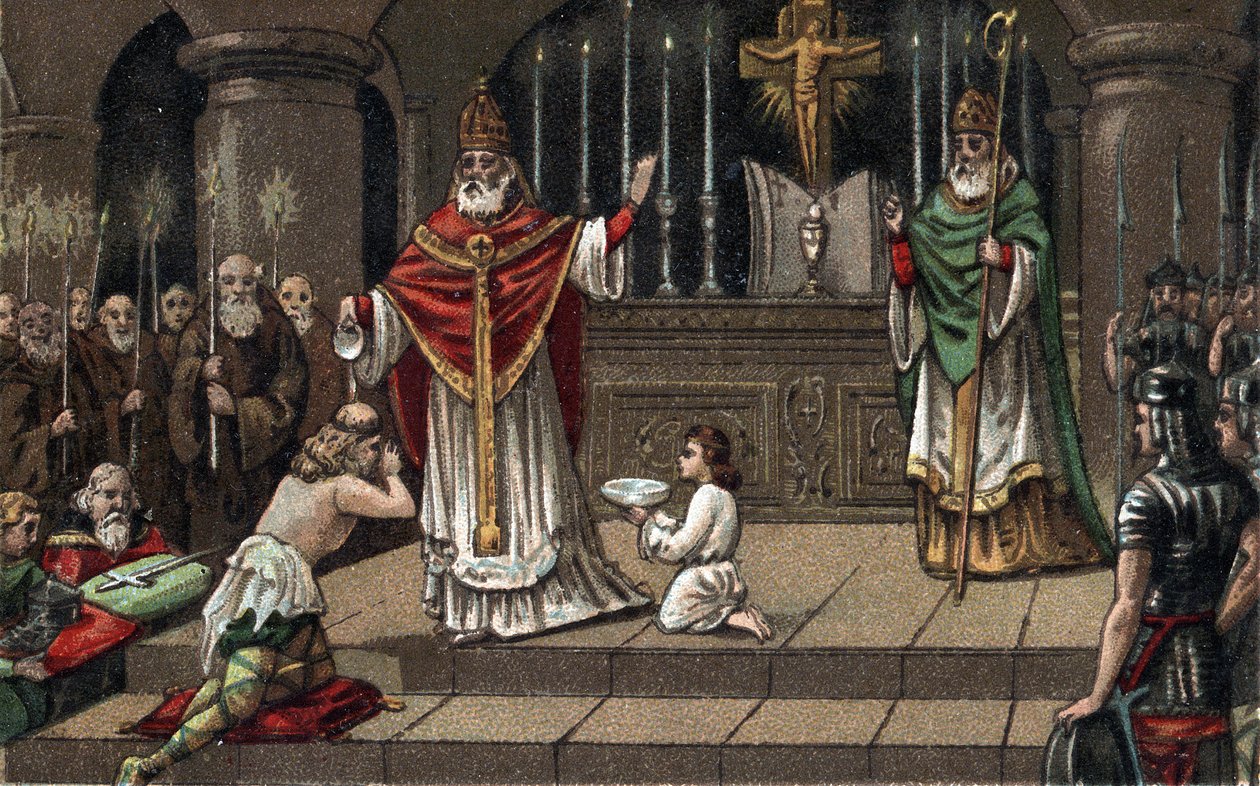 Conversion de Widukind ou Witikind devant Charlemagne en 785. Chromolithographie de la fin du XIXe siècle. - Unknown artist