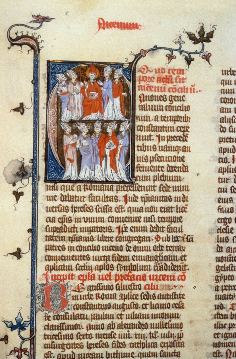 Concile de Nicée - enluminure de manuscrit (ancienne traduction latine des premiers conciles œcuméniques attribuée à Isidore), Moyen Âge (réf. 365, 351r). B. Mr. Toulouse. Demande d