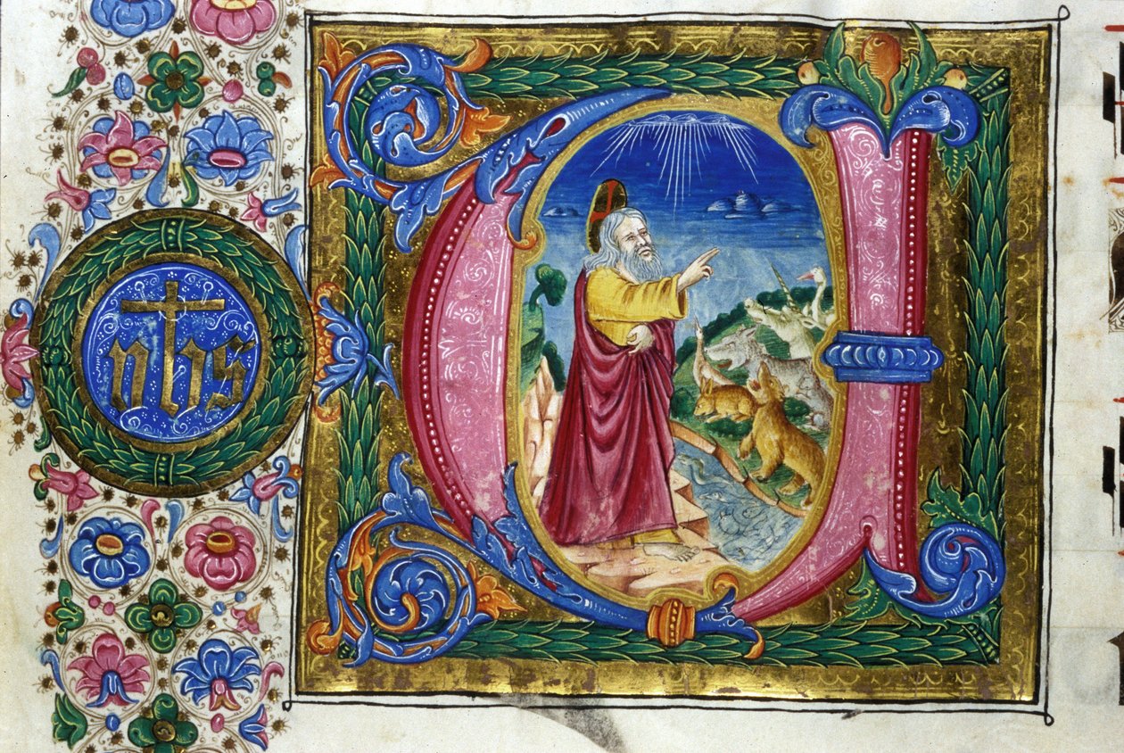 Création : Dieu devant les créatures de la Terre. Manuscrit du 15ème siècle. Bibl. Nazionale Braidense, Milan - Unknown artist