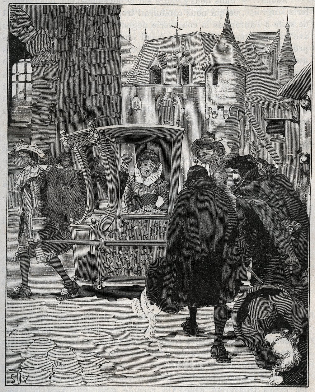 Coutellerie : des bateliers entourent la chaise de Marie de Rabutin-Chantal, marquise de Sévigné dite Madame de Sévigné (1626-1696) pour lui vendre des couteaux à son arrivée à Nogent (Haute-Marne) en 1675. Gravure de 1885 dans « Les arts et métiers illus - Unknown artist