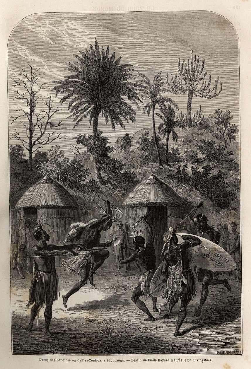 Danse des Landines ou Zoulous caffres à Shoupanga (rive droite du fleuve Zambèze). Gravure pour illustrer les premiers voyages du Dr Livingstone en Afrique australe de 1840 à 1856, dans "Le tour du monde, nouveau journal des voyages" publié sous la dire - Unknown artist