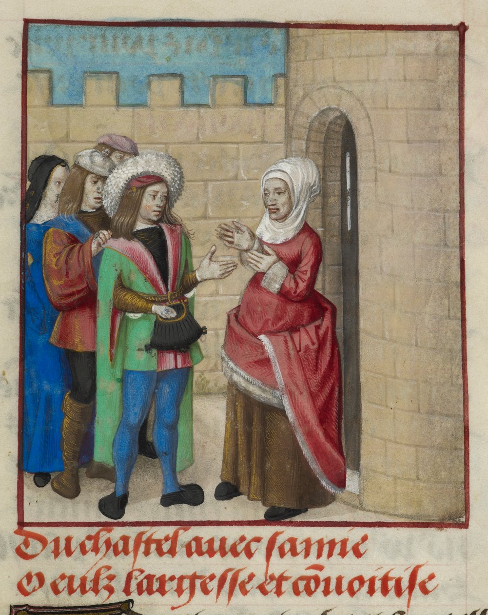 (détail) de la miniature de Convoitise et Largesse entrant dans le château, de 