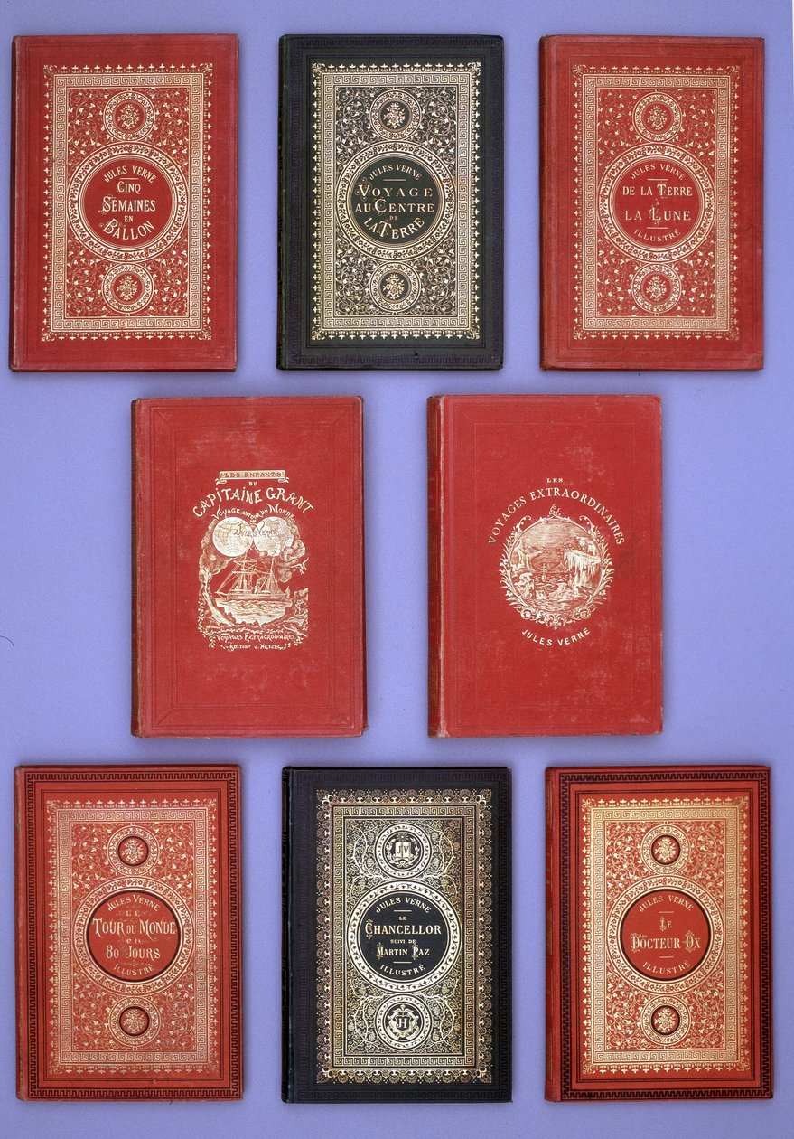 Différentes couvertures des livres de Jules Verne publiés dans les éditions Hetzel. Collection de la bibliothèque Verne. Paris - Unknown artist