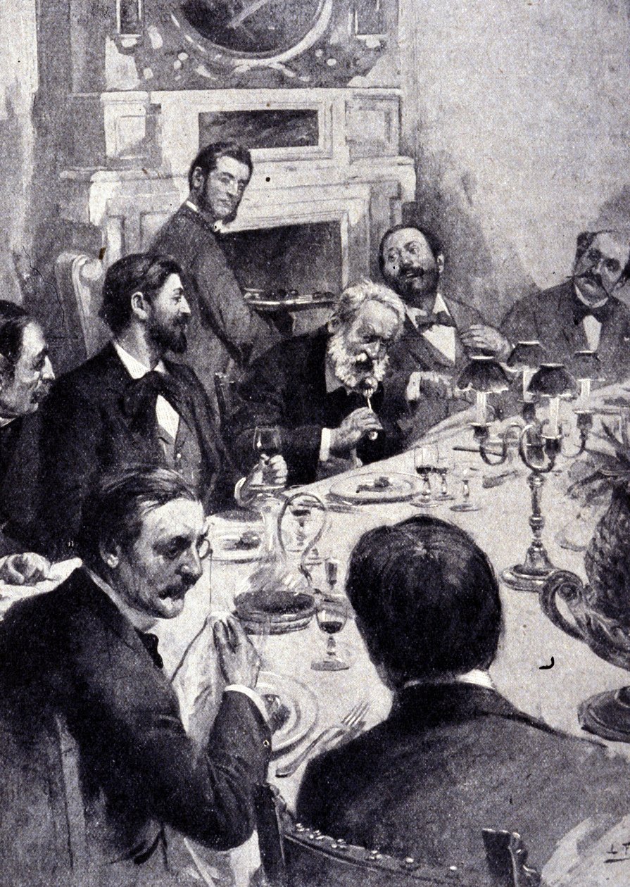 Dîner à la table de Victor Hugo avec Jean Mounet-Sully (1841 - 1916), acteur français. Gravure du 19ème siècle. - Unknown artist