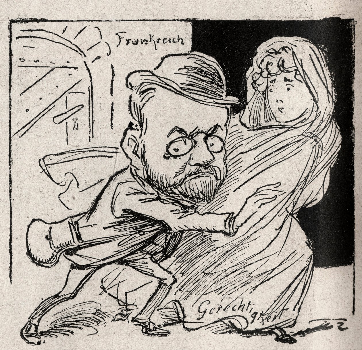 Affaire Dreyfus - Émile Zola a Justice : viens avec moi, mon trésor, ici nous ne voulons plus nous entendre - Dessin publié dans le journal autrichien « Der Floh » en 1898 (reproduit dans Le Rire) - Unknown artist