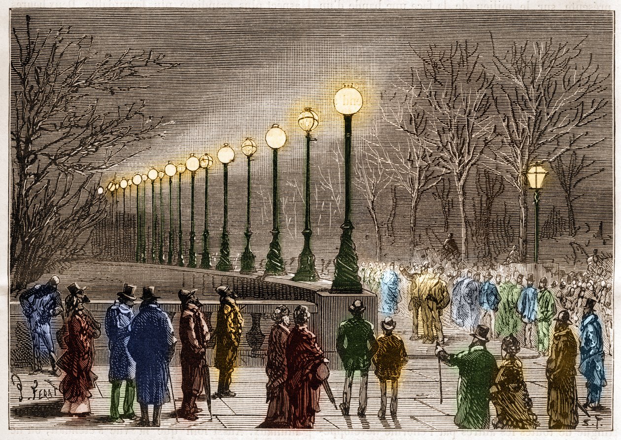 Éclairage électrique : lampadaires du quai Victoria à Londres, Grande-Bretagne. Gravure dans « La Nature » - Unknown artist