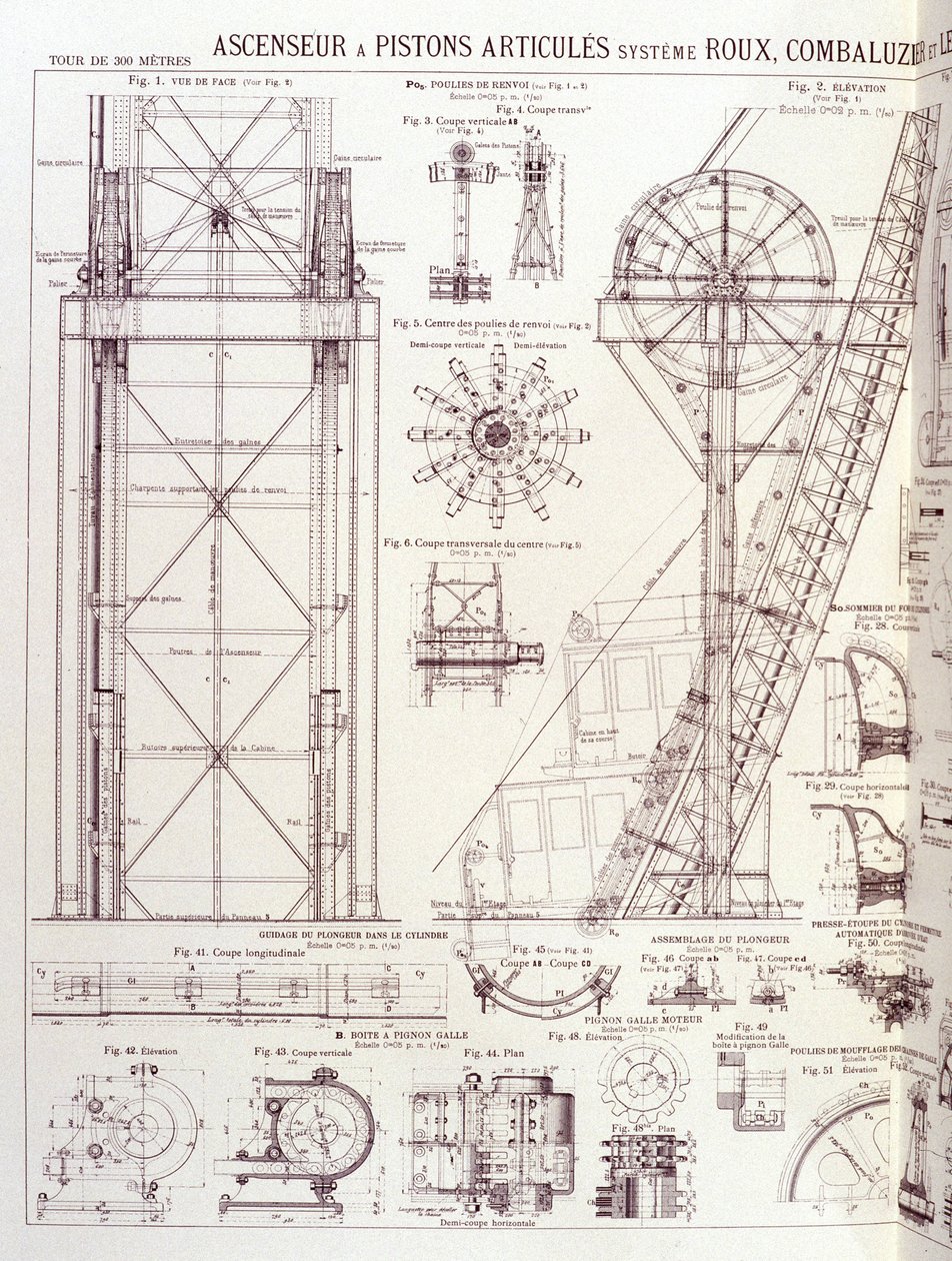 Ascenseur et pistons articulés de la Tour Eiffel (système Roux-Combaluzier) - dessin industriel - Unknown artist