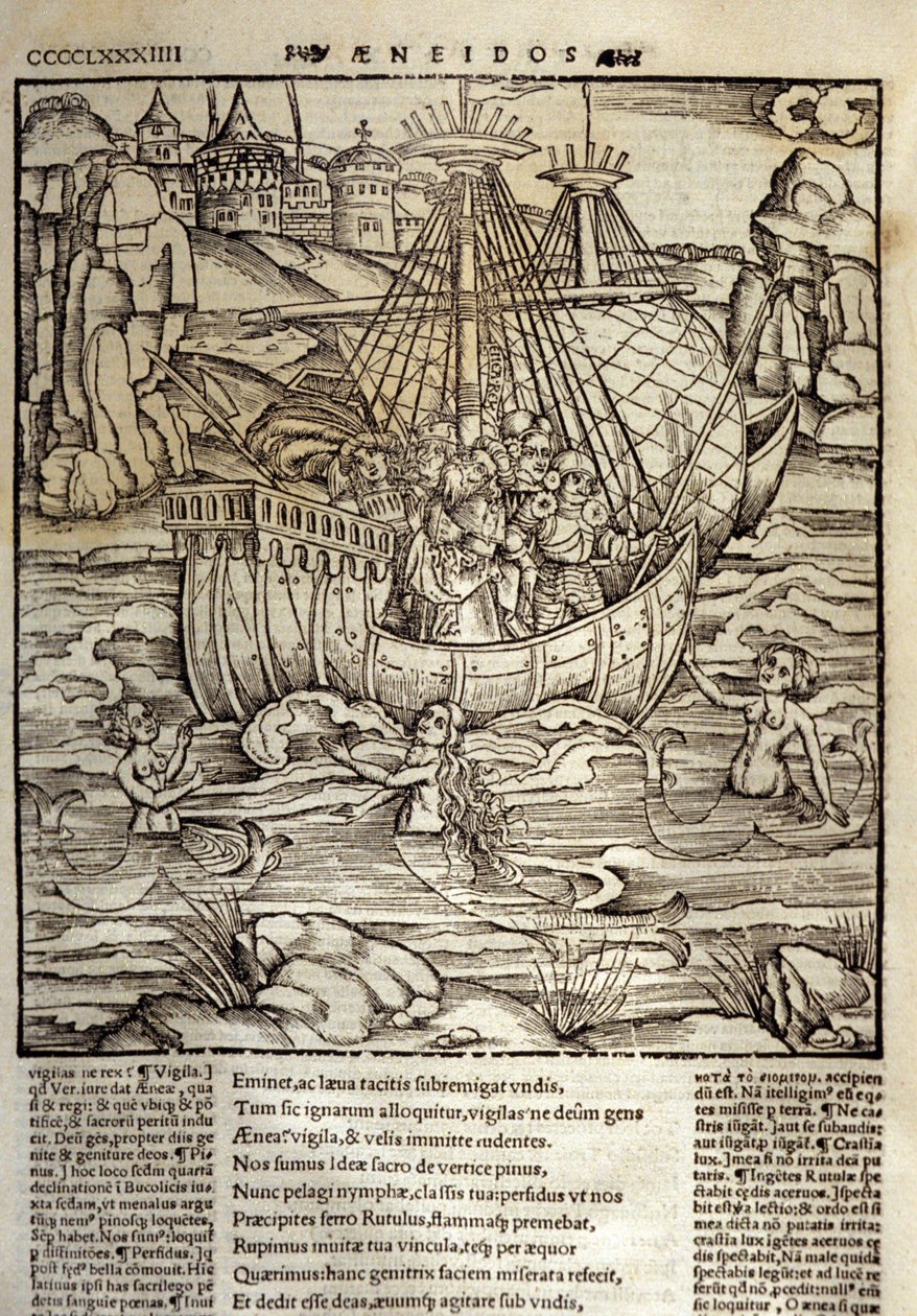 Énéide de Virgile (70 av. J.-C.-19 av. J.-C.), les héros troyens Énée et ses compagnons traversent une mer pleine de sirènes. Xylographie de Sebastian Brant (1458-1521). Strasbourg - Unknown artist