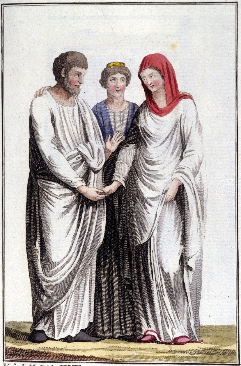 Engagement ou promesse de mariage : dextrarum iunctio ou union des mains droites. Gravure du 19ème siècle - Unknown artist