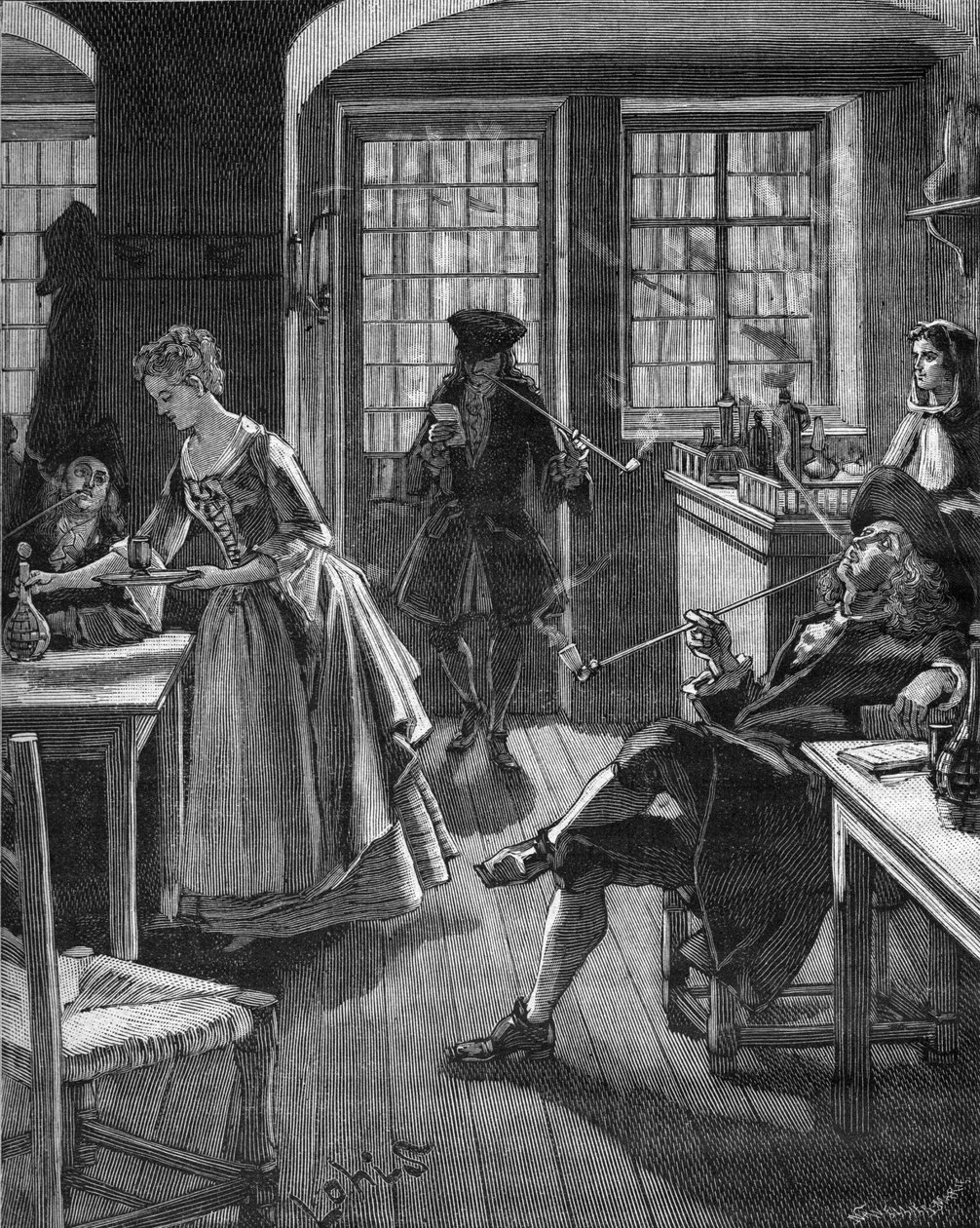 Angleterre, fin du 17ème siècle : hommes fumant dans un café. Gravure du 19ème siècle. Dans « Histoire de France » de Jules Michelet - Unknown artist
