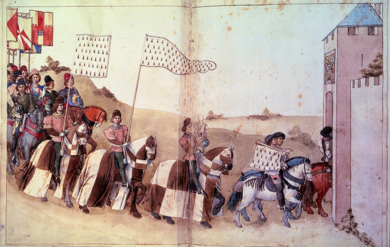 Einzug des Zuges, der den Helm und das Banner des Herzogs der Bretagne trägt, im Kreuzgang. Manuskript „Behandelt die Form und Zitate, wie wir die Turniere machen“ (Folio 46V-47) von Rene d