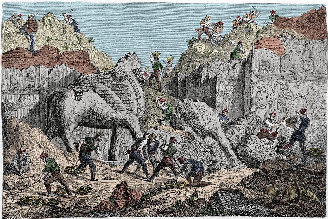 Fouilles entreprises par Paul-Emile (Paul Emile) Botta, consul de France à Ninive sur le site de Khorsabad (Khunsabad), ancienne capitale assyrienne au nord de Mossoul. Irak. Gravure du XIXe siècle - Unknown artist