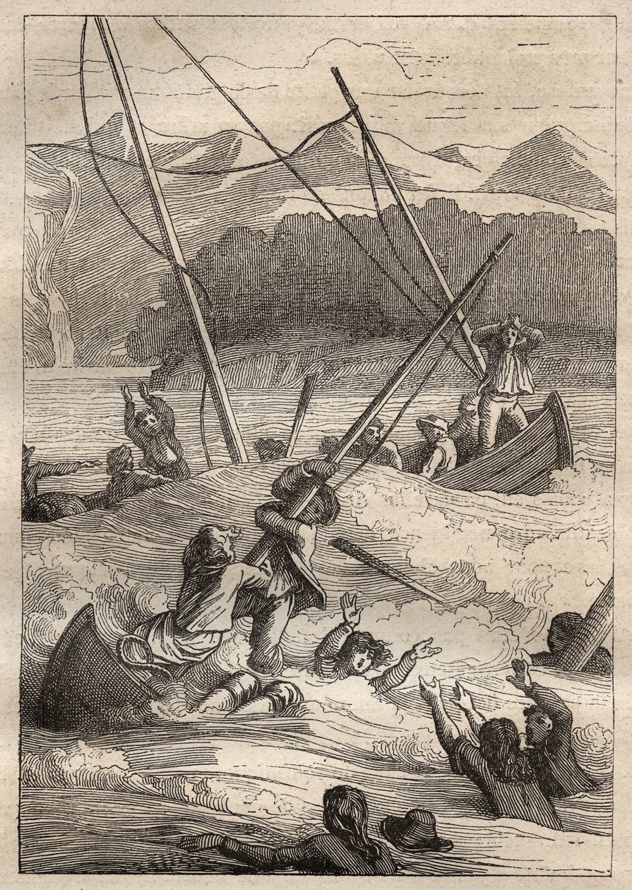 Expédition autour du monde (1785-1788) par Jean François Galaup de La Pérouse (1741-1788) : naufrage des bateaux au port des Français (Alaska) - illustration tirée de "Les Grands Navigateurs du XVIIIe siècle". - Unknown artist