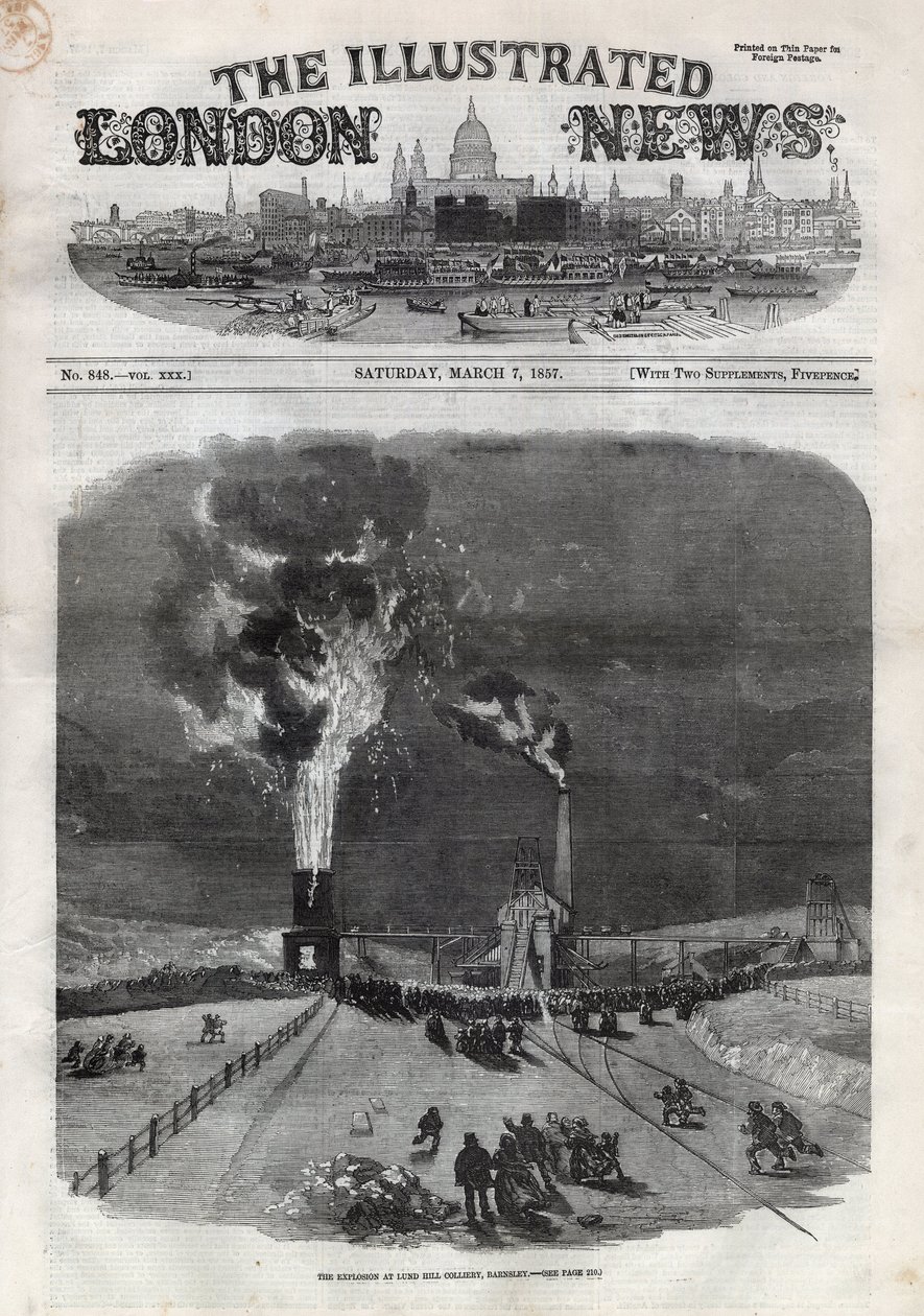 Explosion à la mine de charbon de Lund Hill à Barnsley, Angleterre. Gravure dans The Illustrated London News du 7 mars. - Unknown artist
