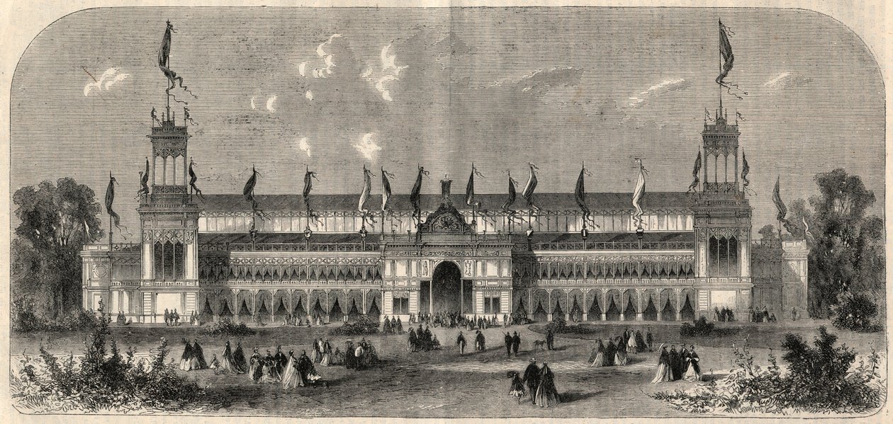 Vue extérieure du palais du troisième tir national allemand à Vienne, Autriche. Gravure dans « L